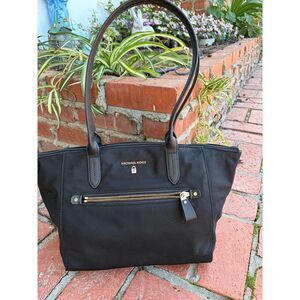 Michael Kors Kelsey Black Nylon Leather Trim Purse Tote Satchel Bag